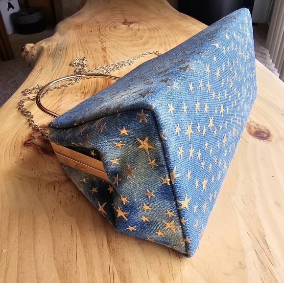 Gold Embossed Star Denim Crossbody Handbag - Picture 4 of 11